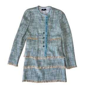 Vintage Philippe Adec Blue Summer Tweed Fringe Blazer Skirt Set Size 4